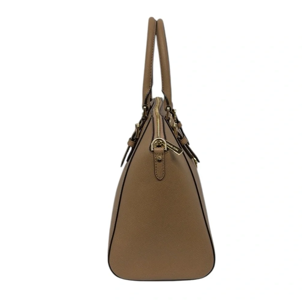 Michael Kors Camel-Beige Saffiano Leather Double Top Handles Satchel Bag Purse